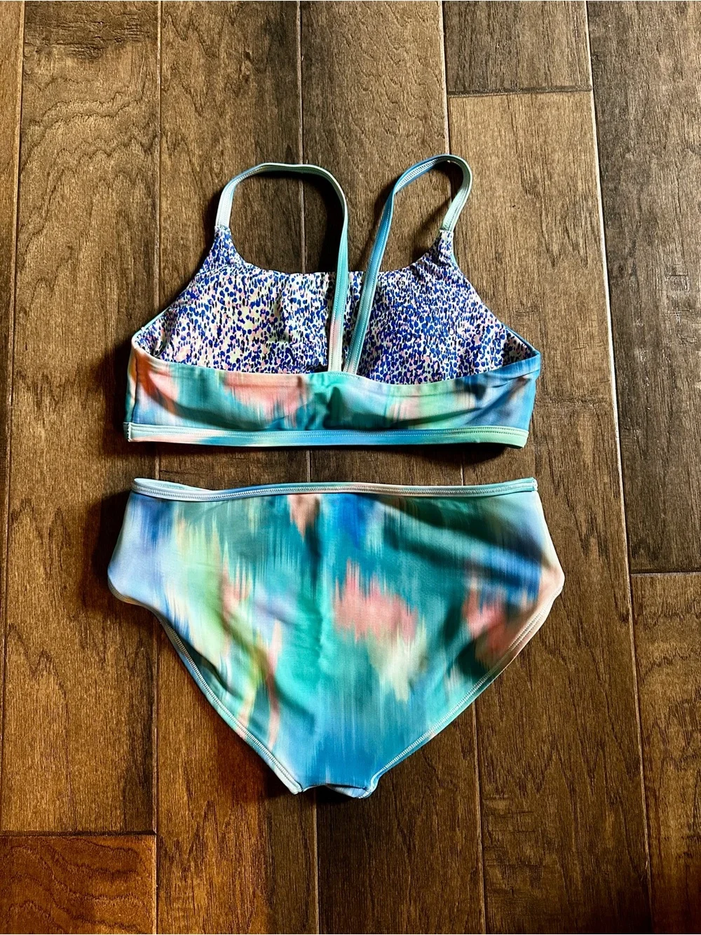 Athleta Aqua and Pink Reversible Tie-Dye Girls' Two-Piece Swim Bikini. Size XL